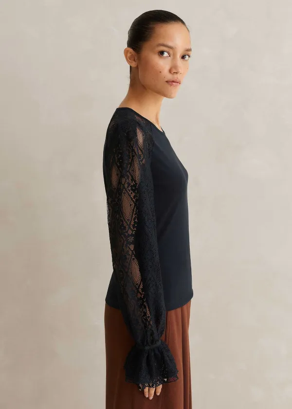 ME+EM Antique Lace Sleeve Layering Top Navy/Black