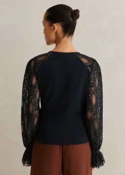 ME+EM Antique Lace Sleeve Layering Top Navy/Black