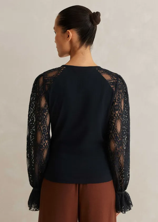 ME+EM Antique Lace Sleeve Layering Top Navy/Black