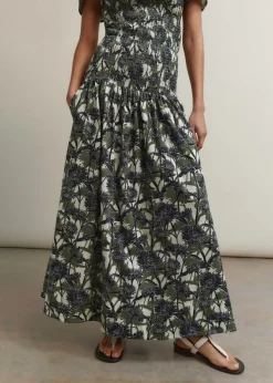 ME+EM Aster Print High-Waisted Maxi Skirt Cream/Navy/Khaki