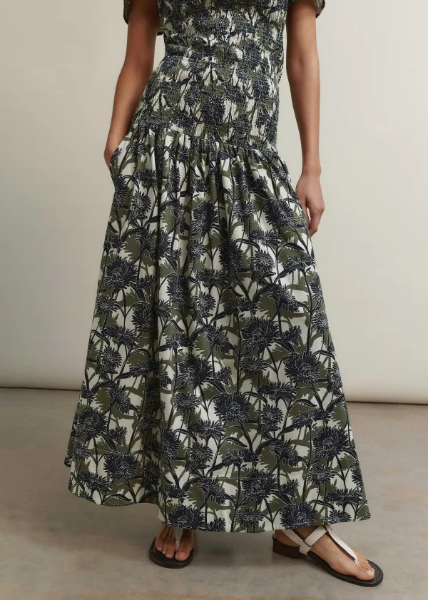 ME+EM Aster Print High-Waisted Maxi Skirt Cream/Navy/Khaki
