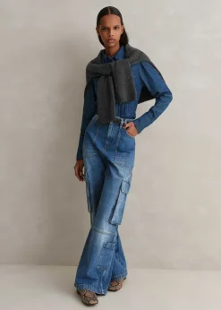 Discount ME+EM Baggy Cargo Denim Trouser Mid Blue