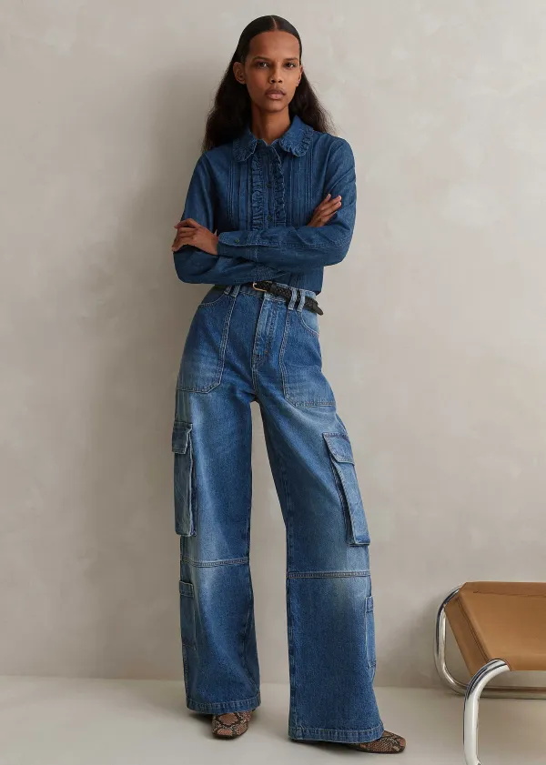 Discount ME+EM Baggy Cargo Denim Trouser Mid Blue