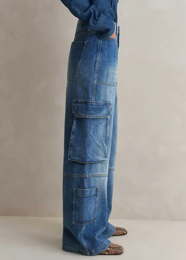 Discount ME+EM Baggy Cargo Denim Trouser Mid Blue