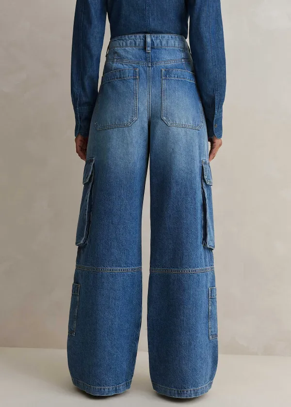 Discount ME+EM Baggy Cargo Denim Trouser Mid Blue