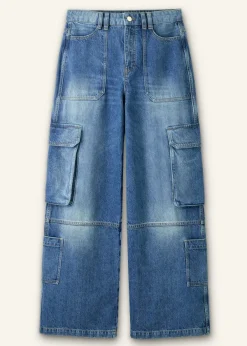 Discount ME+EM Baggy Cargo Denim Trouser Mid Blue