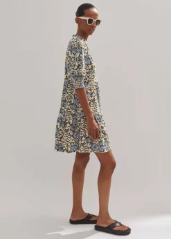 Sale ME+EM Batik Floral Print Short Slub Dress Cream/Blue/Olive