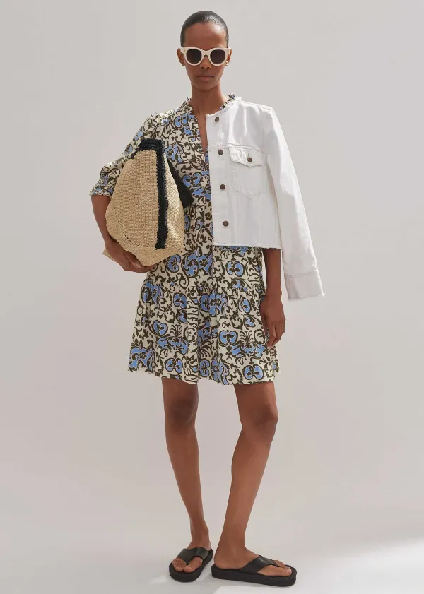 Sale ME+EM Batik Floral Print Short Slub Dress Cream/Blue/Olive