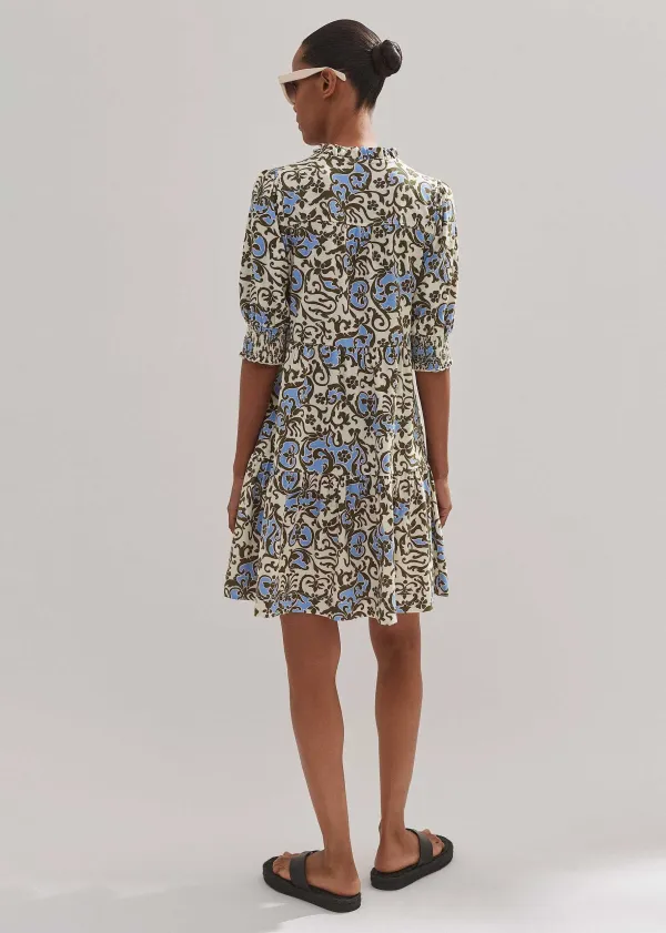 Sale ME+EM Batik Floral Print Short Slub Dress Cream/Blue/Olive