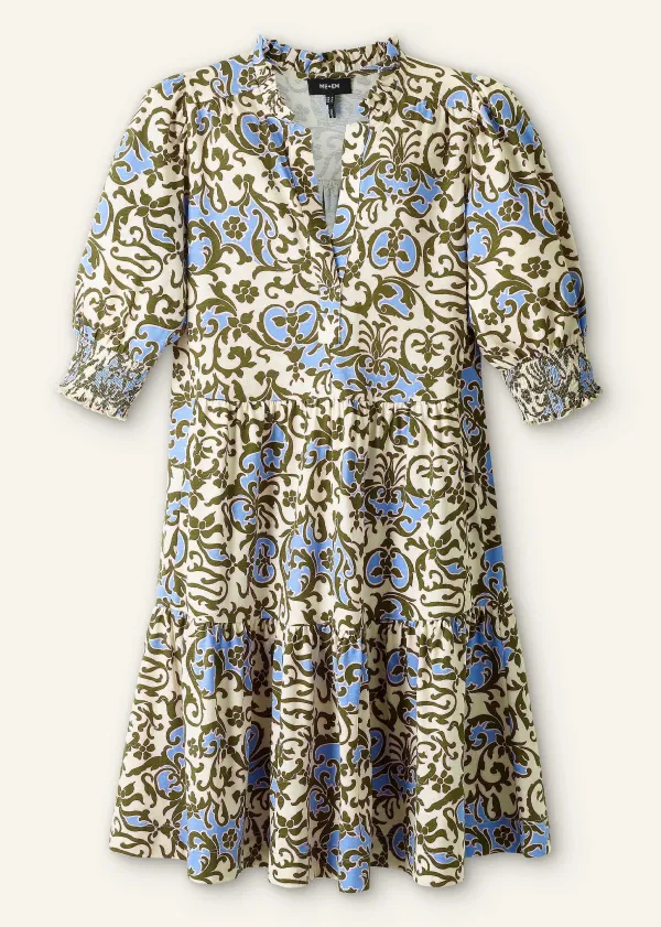 Sale ME+EM Batik Floral Print Short Slub Dress Cream/Blue/Olive