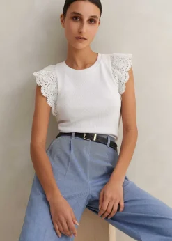 Sale ME+EM Broderie Trim Tank Top Soft White