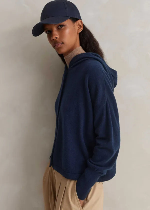 Discount ME+EM Cashmere Drop Shoulder Box Crop Hoody Dark Navy