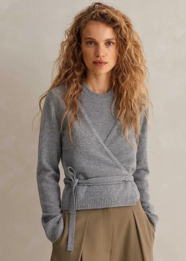 Best ME+EM Cashmere Layered Wrap Top Silver Grey M Lange