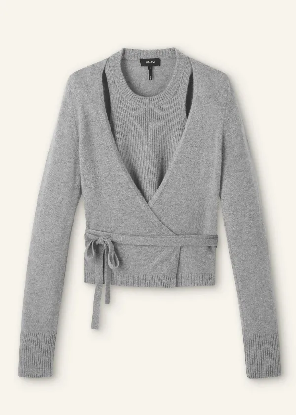 Best ME+EM Cashmere Layered Wrap Top Silver Grey M Lange