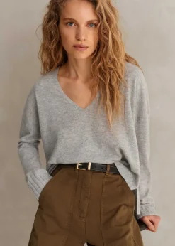Online ME+EM Cashmere Relaxed V-Neck Jumper Silver Grey M Lange