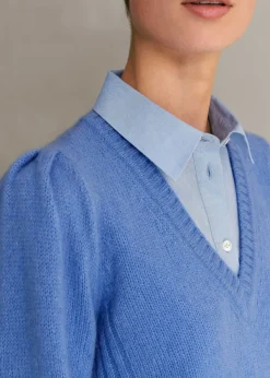 New ME+EM Cashmere Silk V-Neck Jumper Cornflower Blue