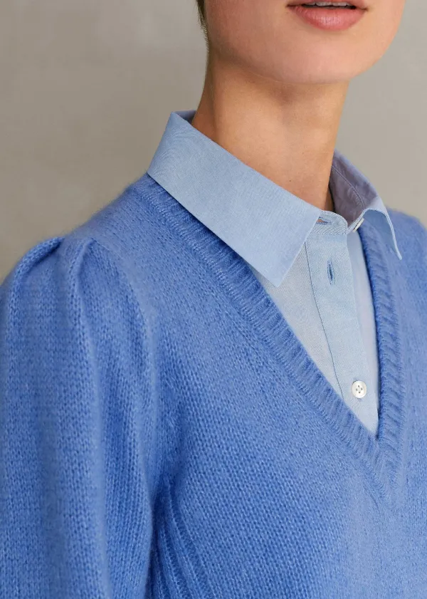 New ME+EM Cashmere Silk V-Neck Jumper Cornflower Blue