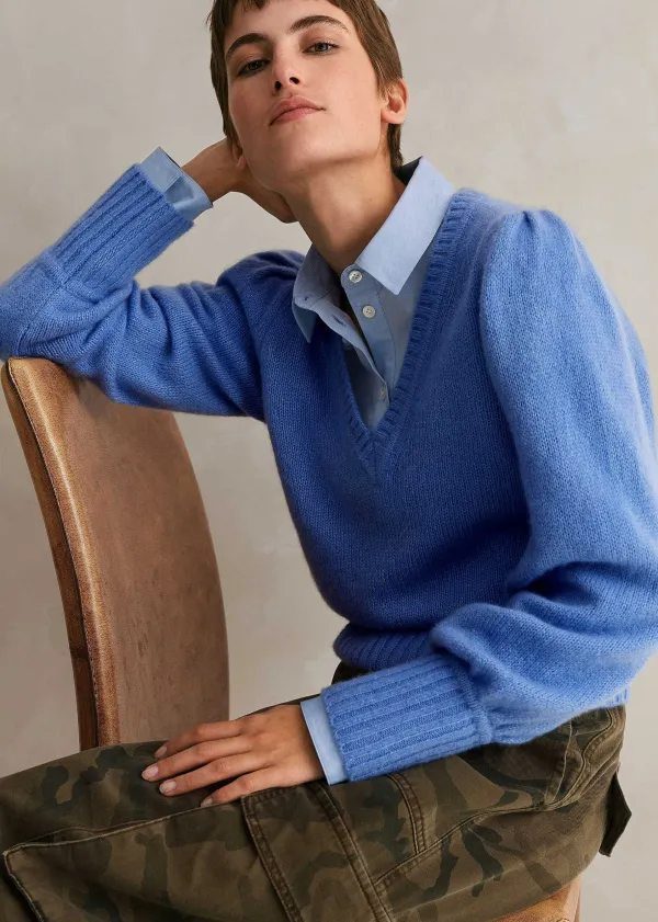 New ME+EM Cashmere Silk V-Neck Jumper Cornflower Blue