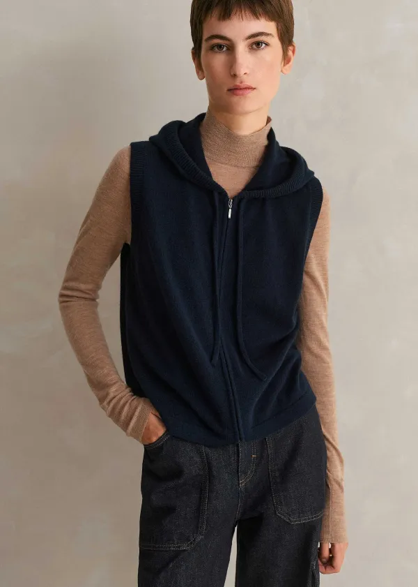 Discount ME+EM Cashmere Sleeveless Relaxed Zip Hoody Navy