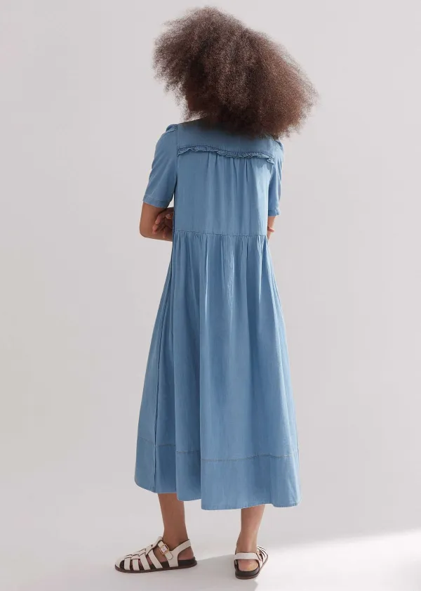 Clearance ME+EM Chambray Relaxed Ruffle Midi Dress Blue
