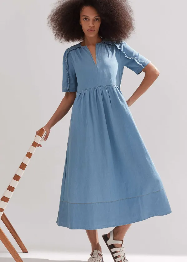 Clearance ME+EM Chambray Relaxed Ruffle Midi Dress Blue