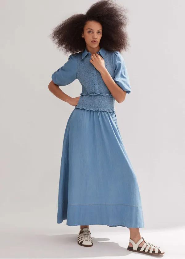 Best ME+EM Chambray Shirred Maxi Shirt Dress Blue