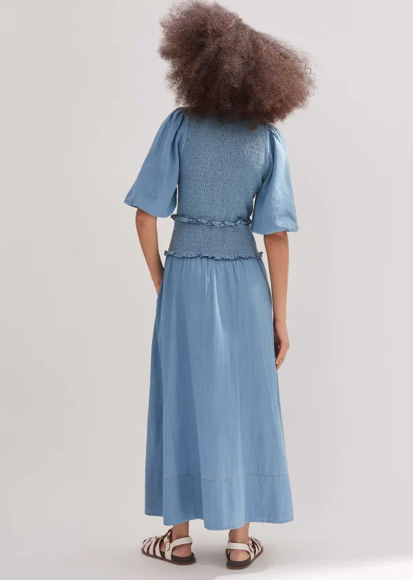 Best ME+EM Chambray Shirred Maxi Shirt Dress Blue