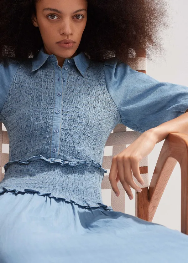 Best ME+EM Chambray Shirred Maxi Shirt Dress Blue