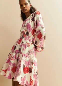 Sale ME+EM Cheesecloth Bali Print Fit And Flare Dress Cream/Pink/Multi