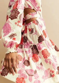 Sale ME+EM Cheesecloth Bali Print Fit And Flare Dress Cream/Pink/Multi