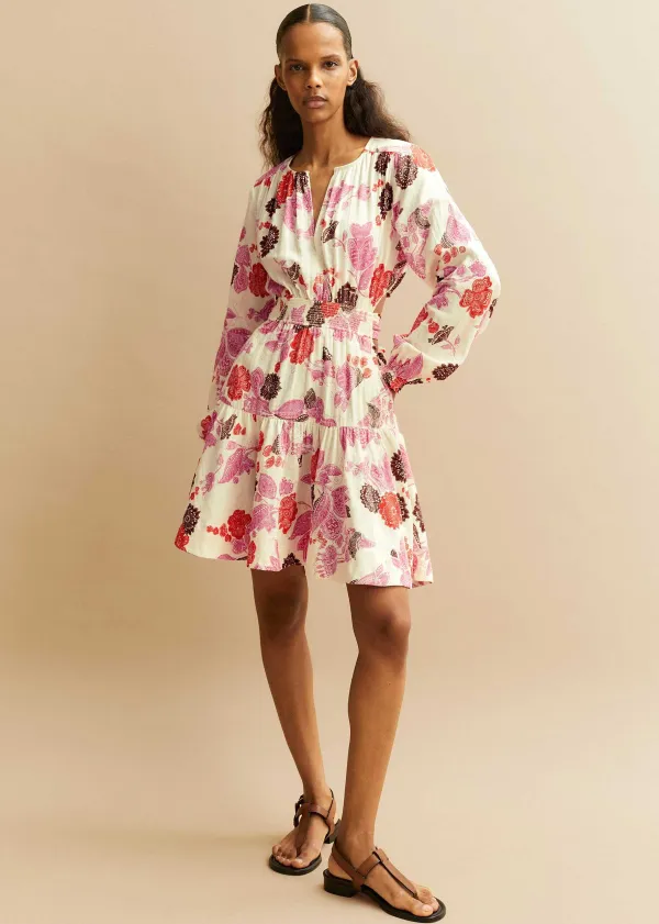 Sale ME+EM Cheesecloth Bali Print Fit And Flare Dress Cream/Pink/Multi