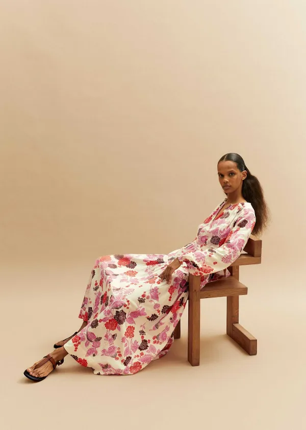 New ME+EM Cheesecloth Bali Print Full-Length Dress Cream/Pink/Multi