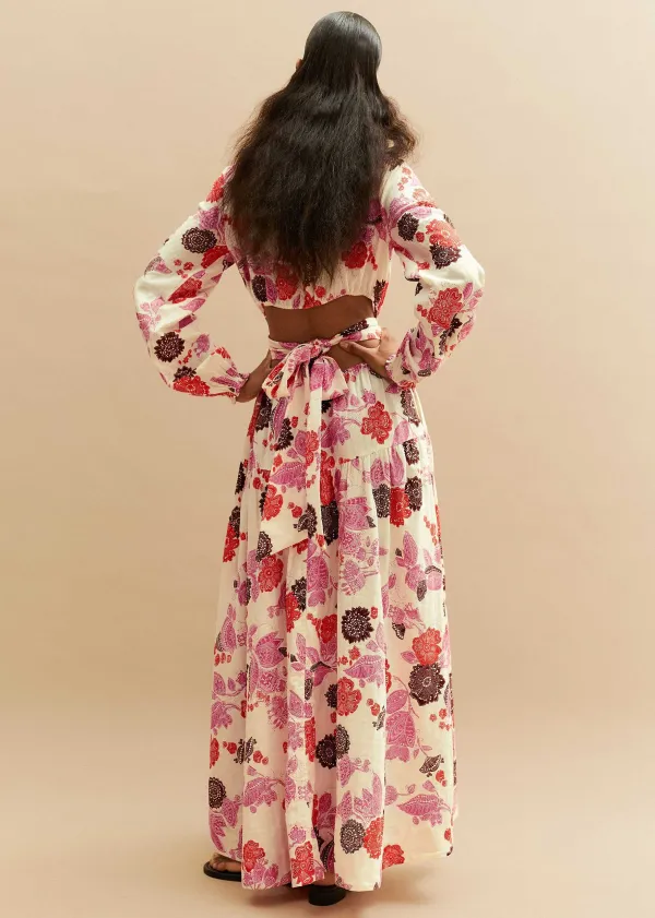 New ME+EM Cheesecloth Bali Print Full-Length Dress Cream/Pink/Multi