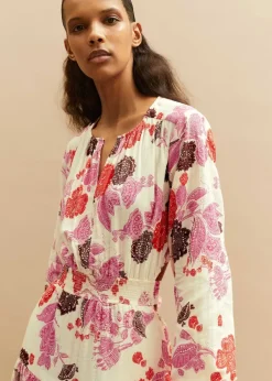 New ME+EM Cheesecloth Bali Print Full-Length Dress Cream/Pink/Multi