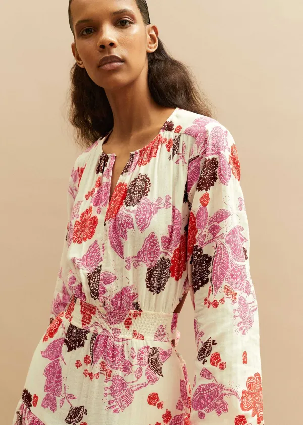 New ME+EM Cheesecloth Bali Print Full-Length Dress Cream/Pink/Multi