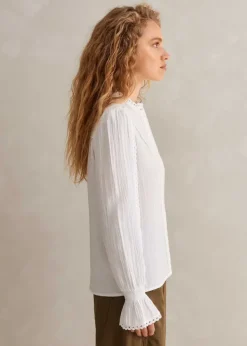 Sale ME+EM Cheesecloth Broderie Trim Blouse Soft White