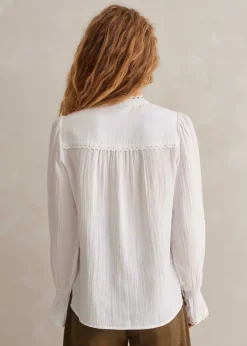 Sale ME+EM Cheesecloth Broderie Trim Blouse Soft White