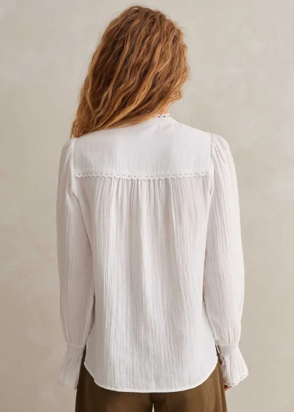 Sale ME+EM Cheesecloth Broderie Trim Blouse Soft White