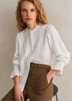 Sale ME+EM Cheesecloth Broderie Trim Blouse Soft White
