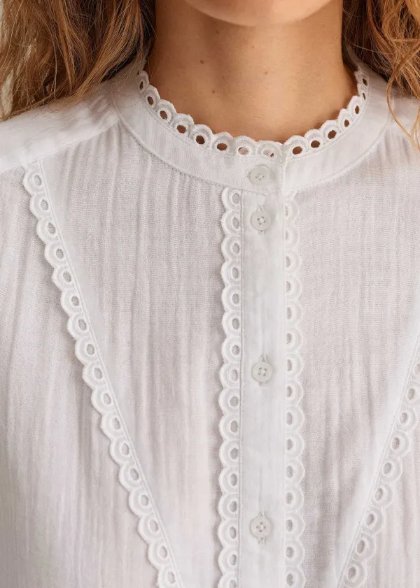 Sale ME+EM Cheesecloth Broderie Trim Blouse Soft White