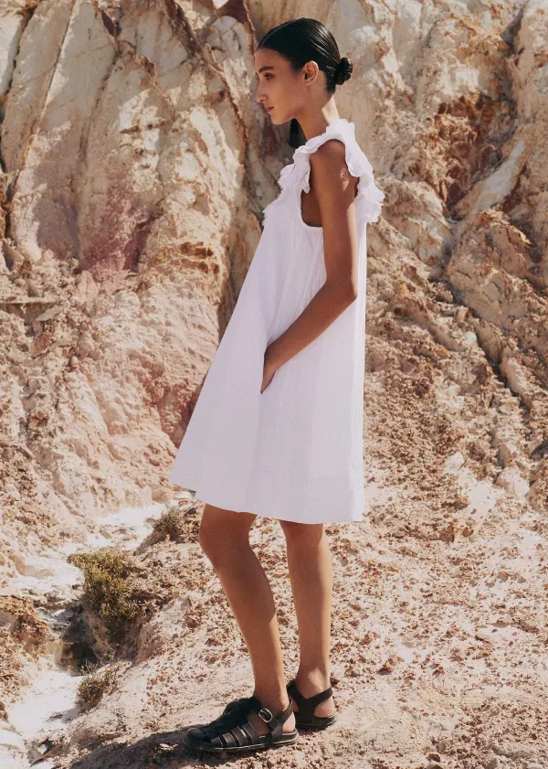 Online ME+EM Cheesecloth Frill Short Swing Dress + Belt Soft White