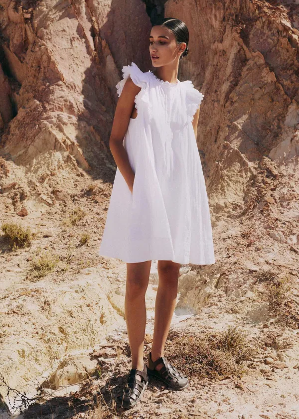 Online ME+EM Cheesecloth Frill Short Swing Dress + Belt Soft White