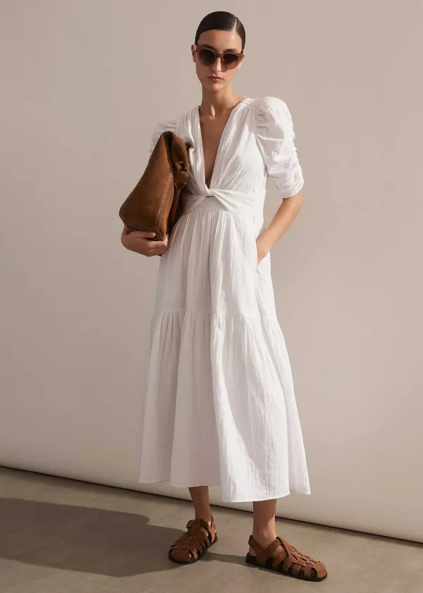 Hot ME+EM Cheesecloth Gathered Sleeve Maxi Dress Soft White