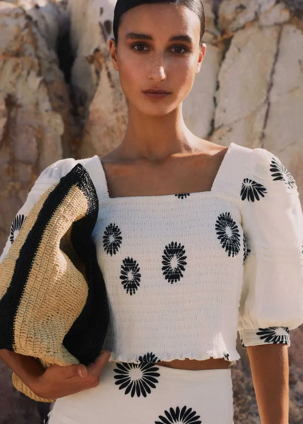 Best ME+EM Cheesecloth Modern Daisy Print Blouse Cream/Black