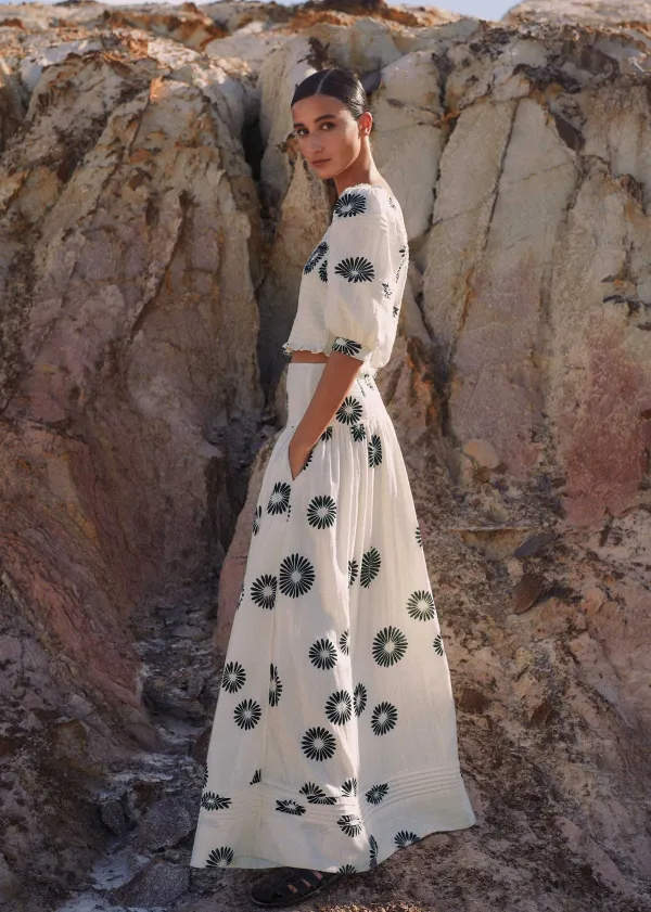 Clearance ME+EM Cheesecloth Modern Daisy Print Maxi Skirt Cream/Black