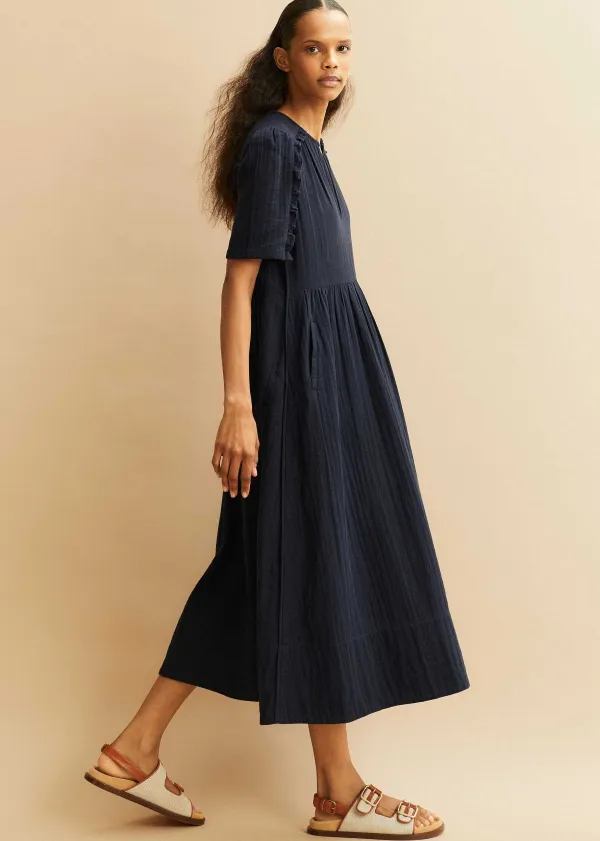 Outlet ME+EM Cheesecloth Relaxed Ruffle Midi Dress Navy