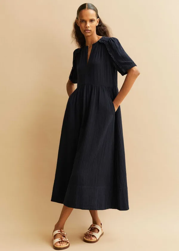 Outlet ME+EM Cheesecloth Relaxed Ruffle Midi Dress Navy