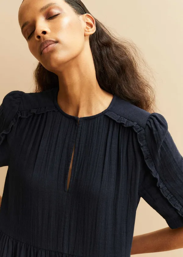 Outlet ME+EM Cheesecloth Relaxed Ruffle Midi Dress Navy