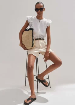 New ME+EM Cheesecloth Ruffle Sleeveless Blouse Soft White
