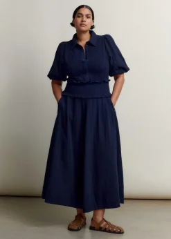 Online ME+EM Cheesecloth Shirred Maxi Shirt Dress Navy